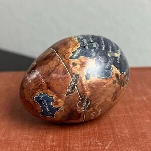 Vtg Stone Carved Decorative Egg- Globe with Countries States- Geography- 3" Tall